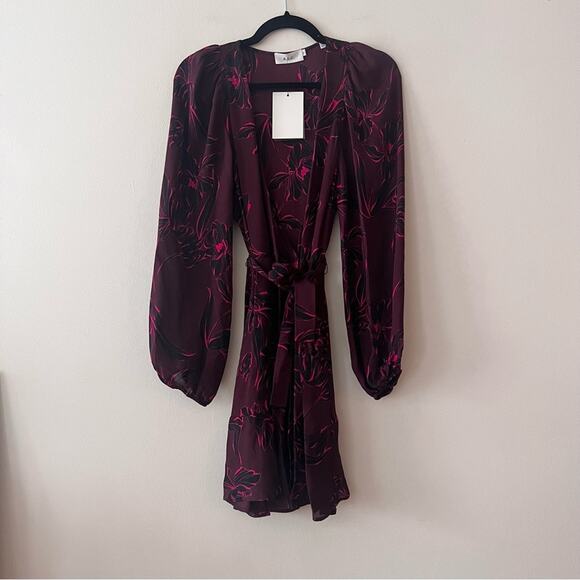 A.L.C. Embry Wrap Silk Mini Dress in Bordeaux & Black - Picture 4 of 12